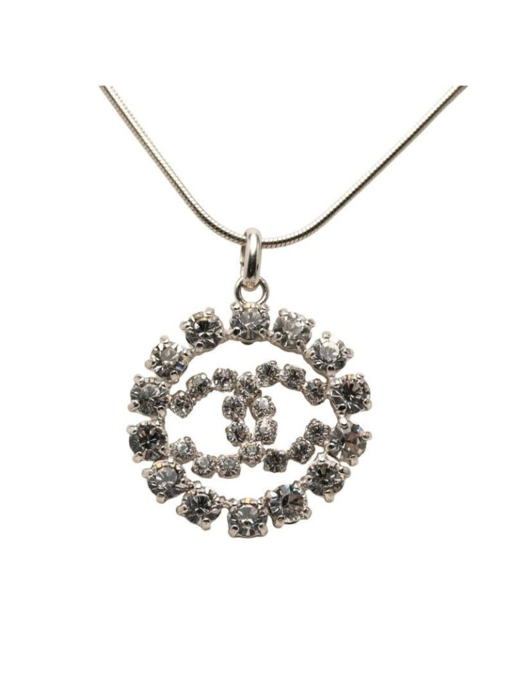 Chanel CC Logo Necklace Silver Metal Rhinestone